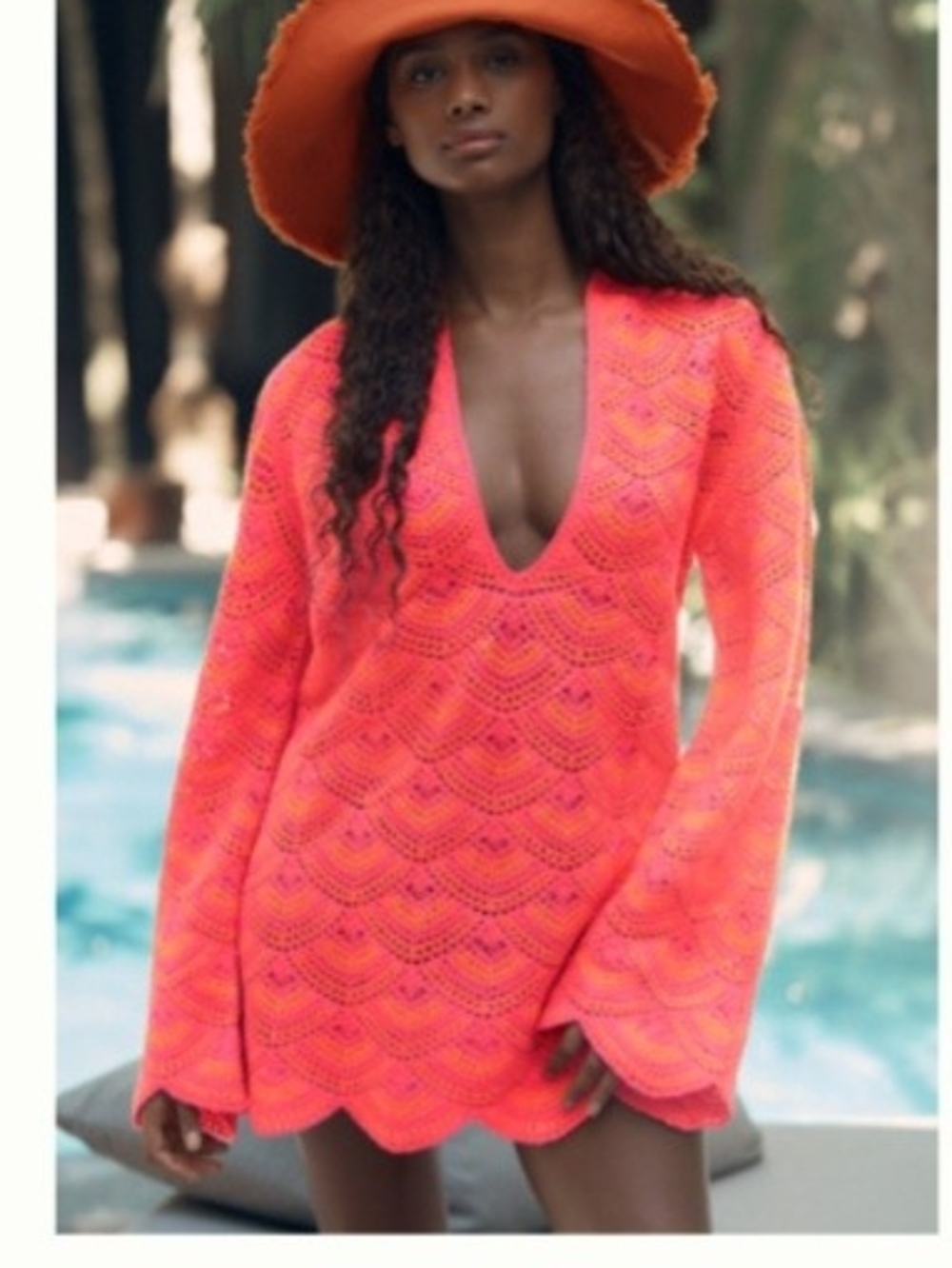 Neon Coral Crochet V-Neck Swim Coverup